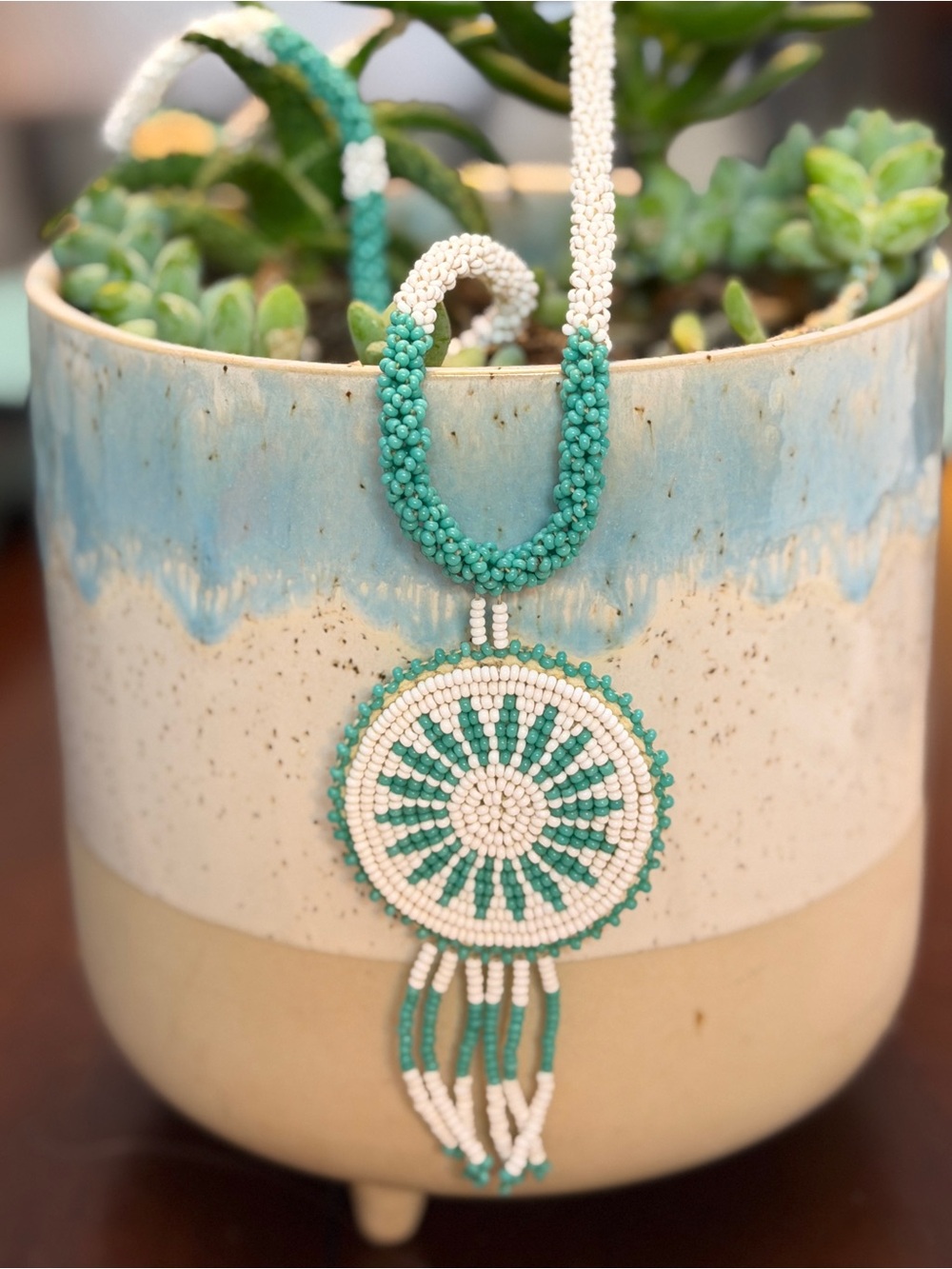 Turquoise and White Beaded Medallion Necklace Set